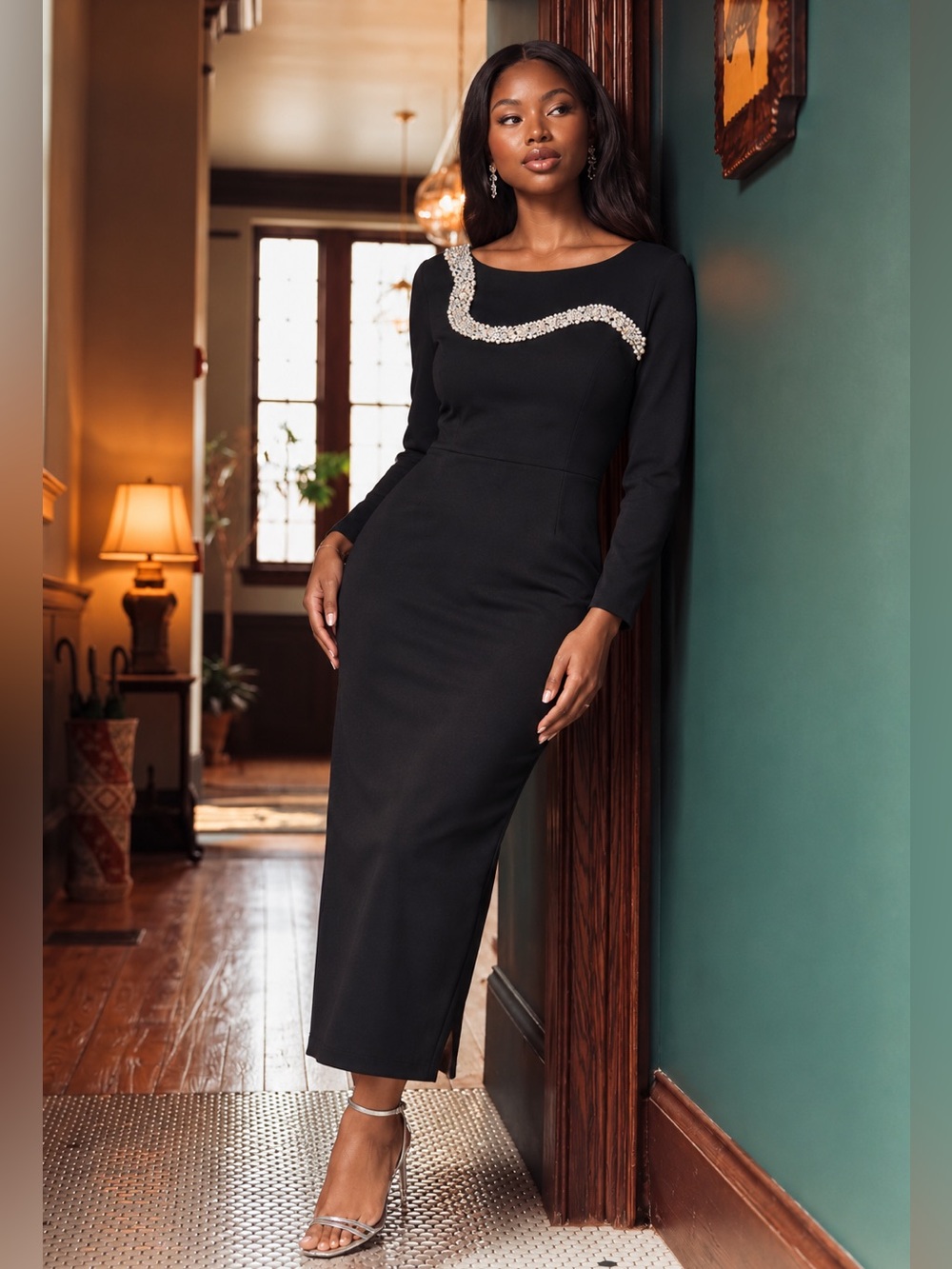 NWT Maggy London Black Crepe Beaded & Crystal Embellished Crepe Midi Dress 12